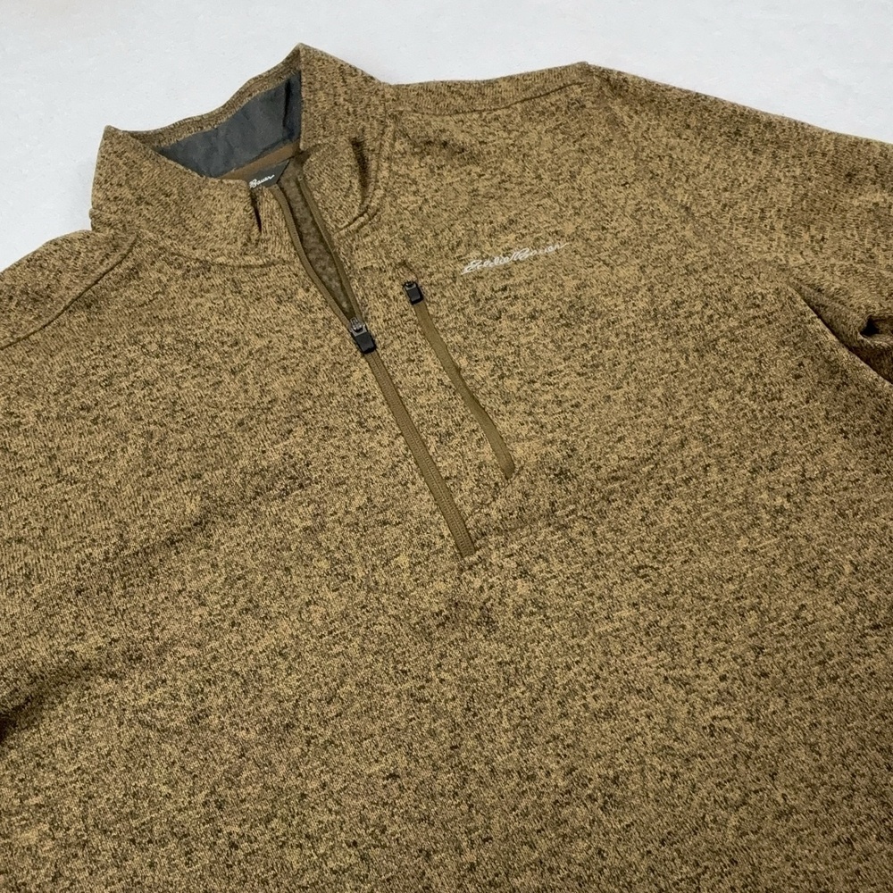 Eddie Bauer Pullover Sweater Men 2XL Beige Mock Neck 1/4 Zip Pockets Polyester